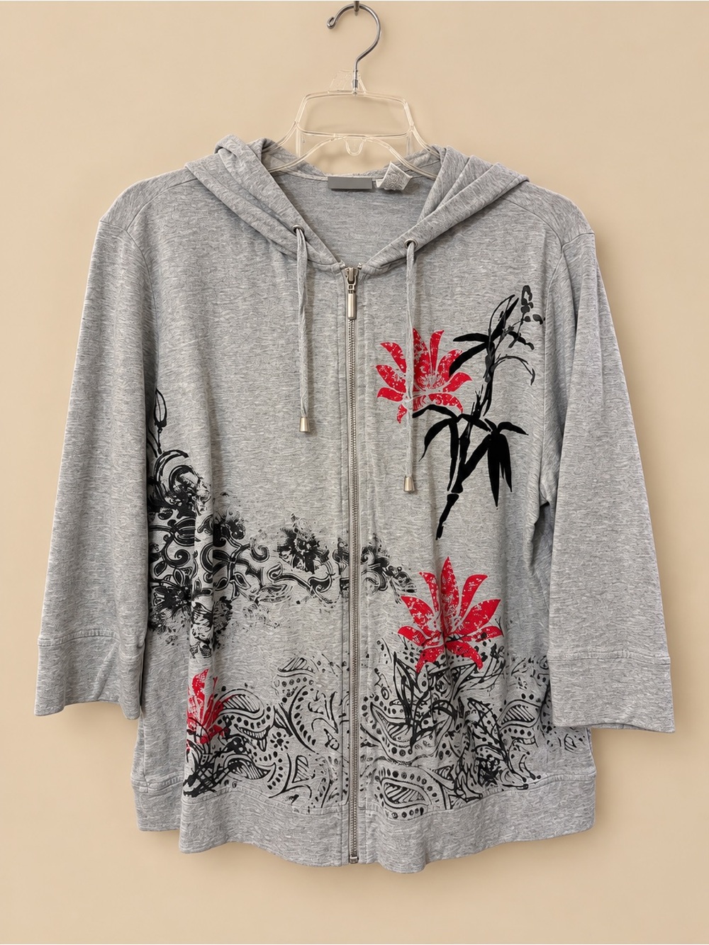 Chico's Gray Zip-Front Hoodie with Red Floral Accents